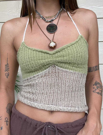 Ladies Color Block Halter String Shoulder Knitted Camis
