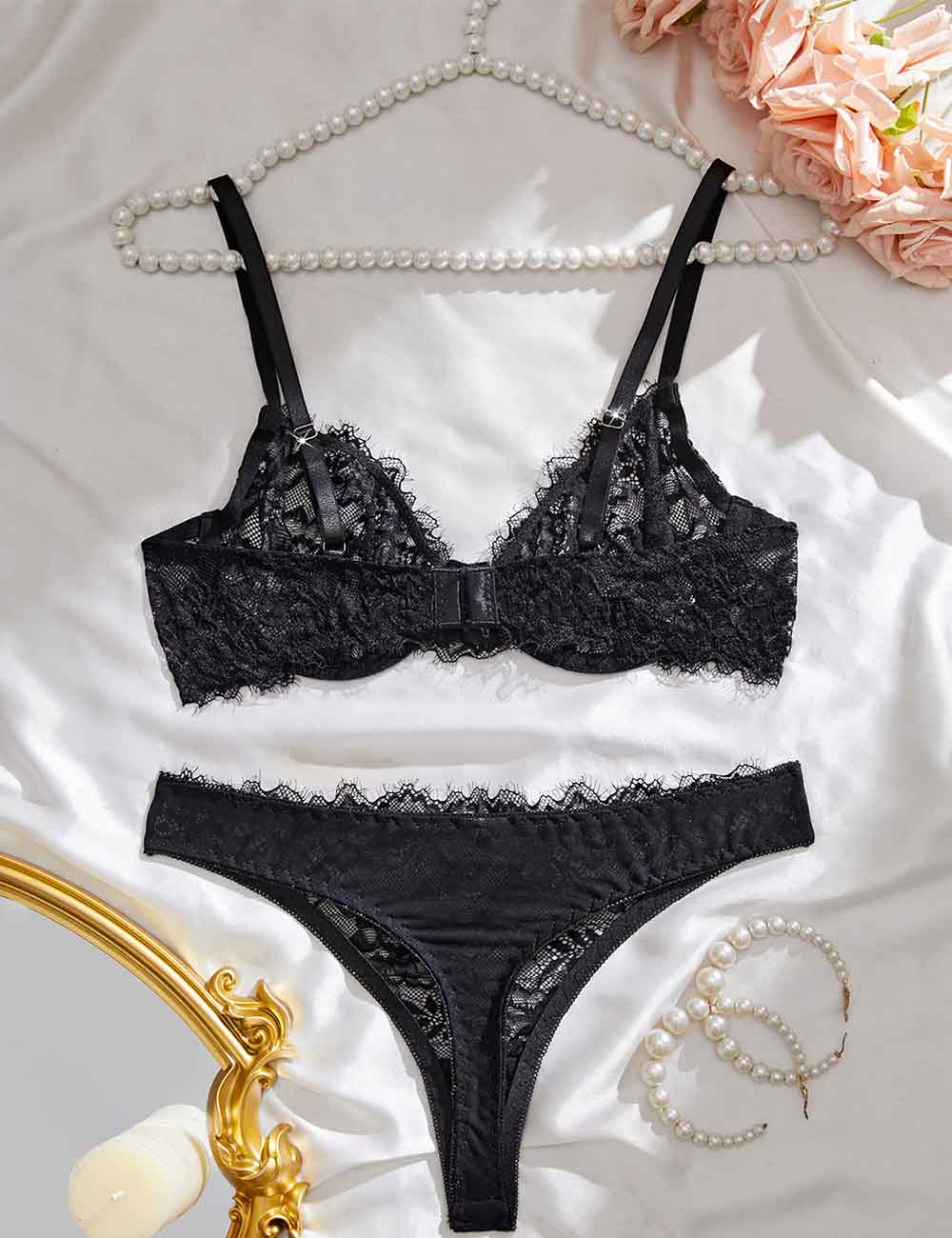 Ladies Sheer Mesh Scallop Hem Embroidery Lingerie Set