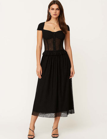 Ladies Lace Sheer Sweetheart Neckline Cap Sleeves Midi Dress