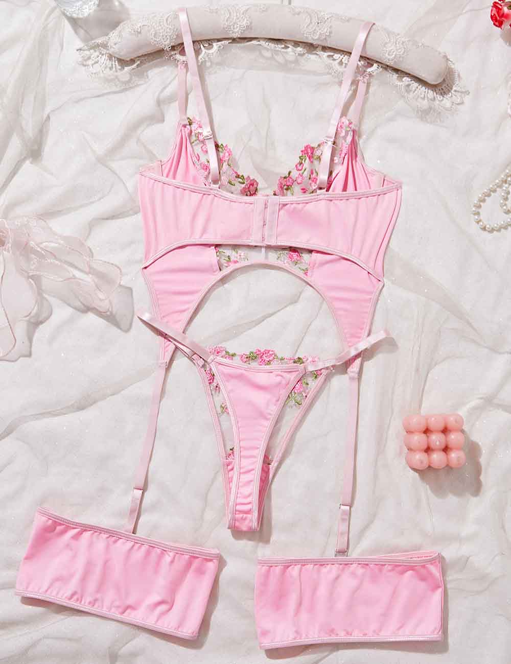 Ladies Sexy Floral Embroidery Push Up 3 PCS Lingerie Set