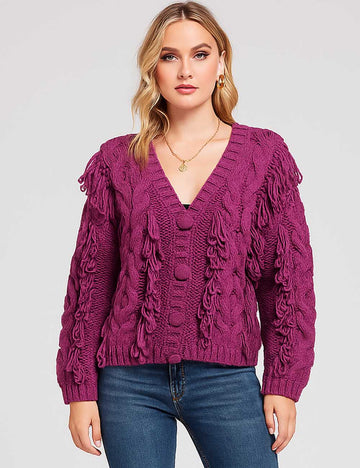 Ladies Cable Knit Tassel V-Neck Button Front Cardigan