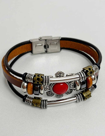 Ladies Boho Metal Bead Turquoise Leather Bracelet