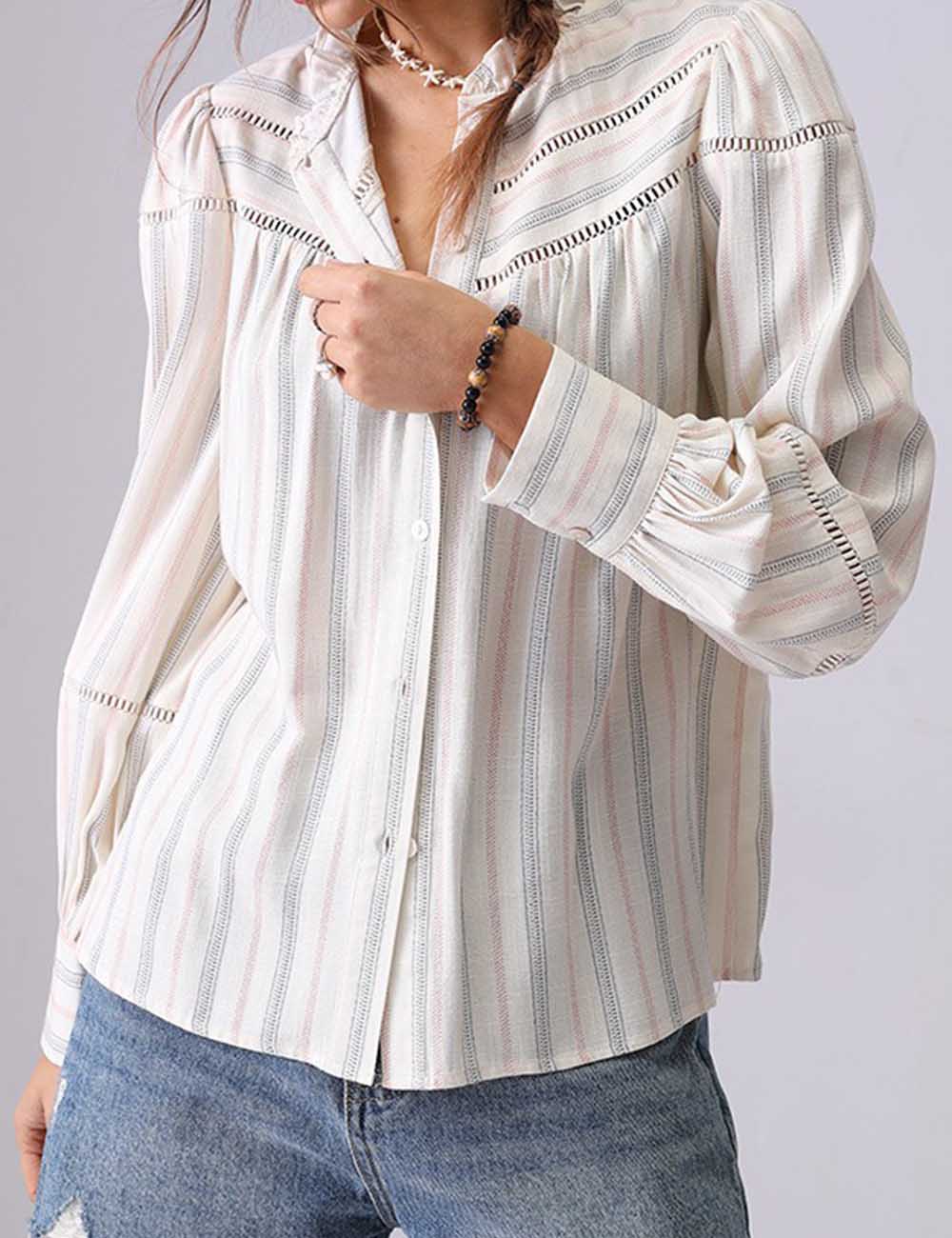 Ladies Ruffle Stand Collar Striped Button Long Sleeves Blouse