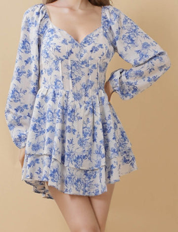 Ladies Floral Print Ruffle Long Sleeves Mini Dress