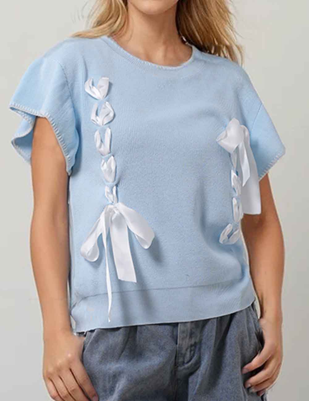 Ladies Ribbon Bow Tie Ruffle Short Sleeves Knit Top