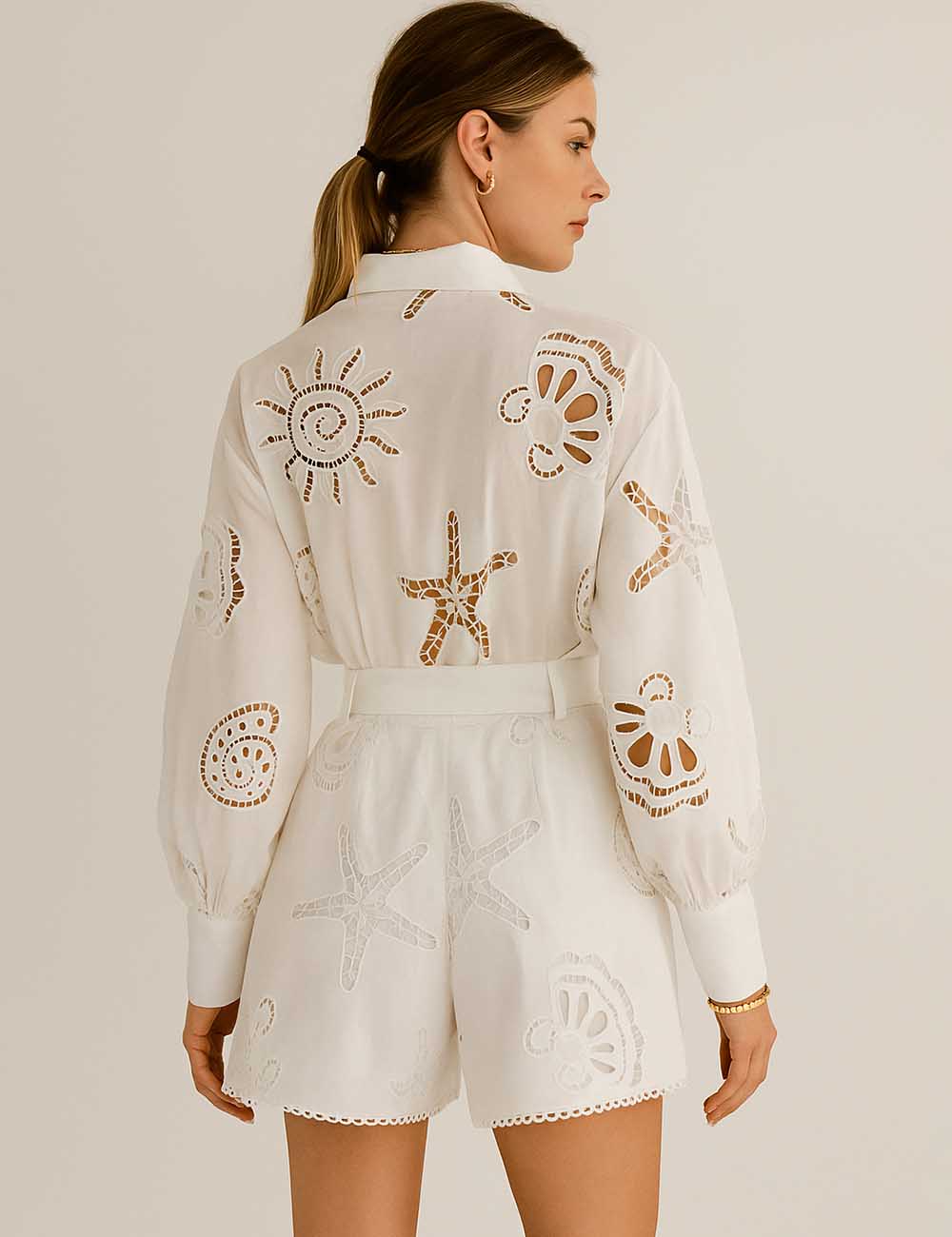 Ladies Embroidery Eyelet Hollow Button Down Shirt & Shorts Set