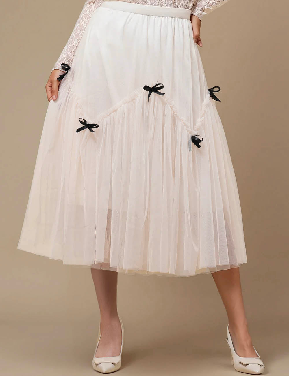 Ladies Gauzy Tiny Bowknot Color Block Midi Skirt SKS50450B