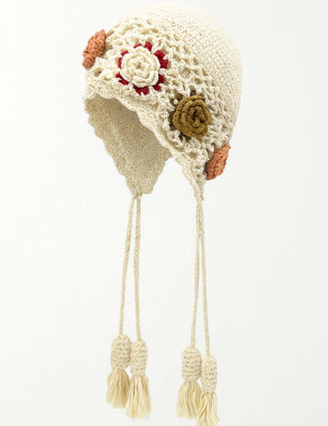 Ladies 3D Floral Crochet Knit Hollow Out Tassel Hat