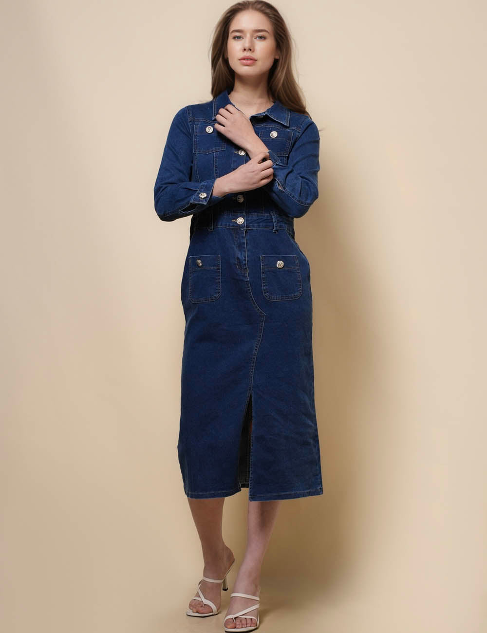 Ladies Turndown Neck Long Sleeves Denim Midi Dress SKD50037