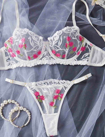 Ladies Floral Embroidery See Through 2PCS Lingerie Set 8HF4253