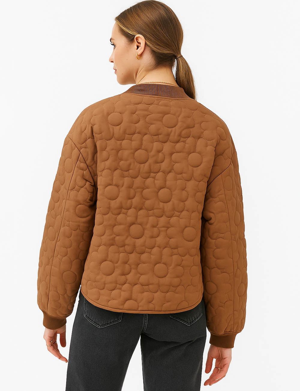 Ladies Floral Pattern Quilted Baseball Collar Cotton Padded Jacket