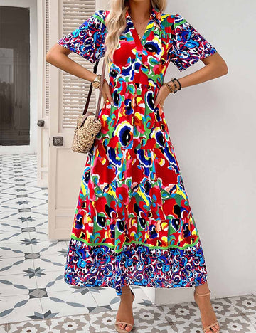 Ladies Abstract Print V-Neck Button Short Sleeves Maxi Dress