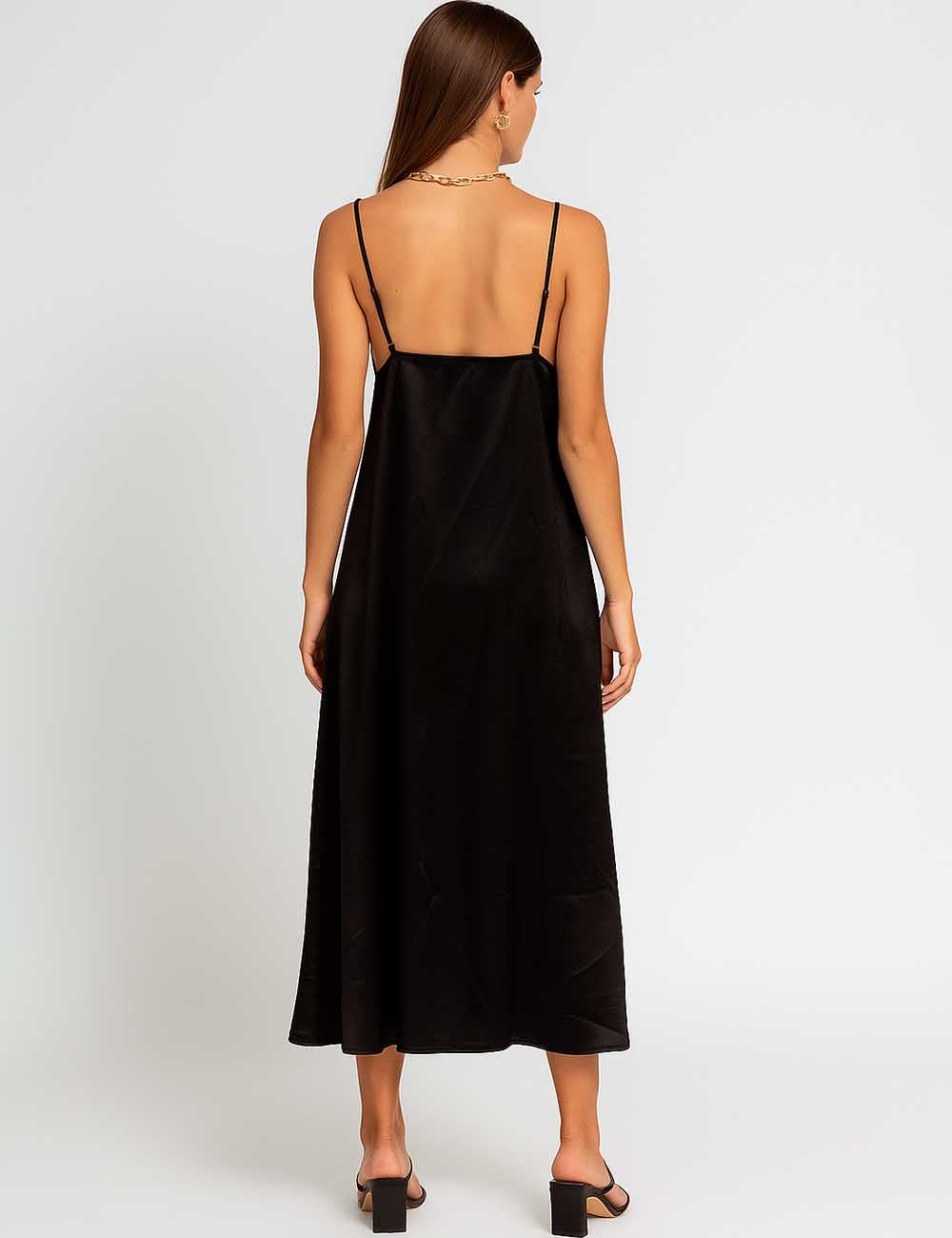 Ladies Stain V-Neck Lace Bust String Shoulder Maxi Dress