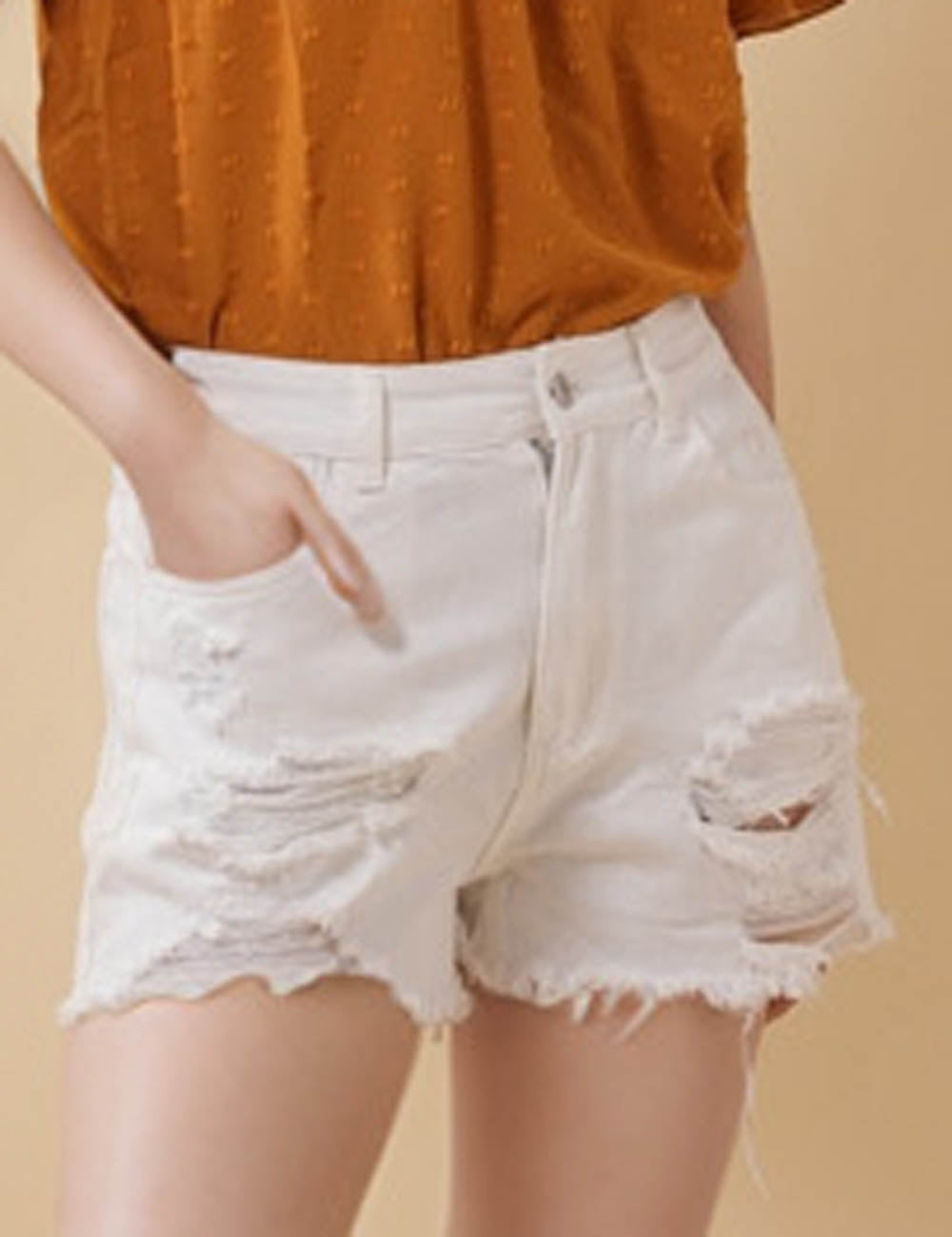 Ladies White Distressed Frayed Edge Button Pocket Denim Shorts