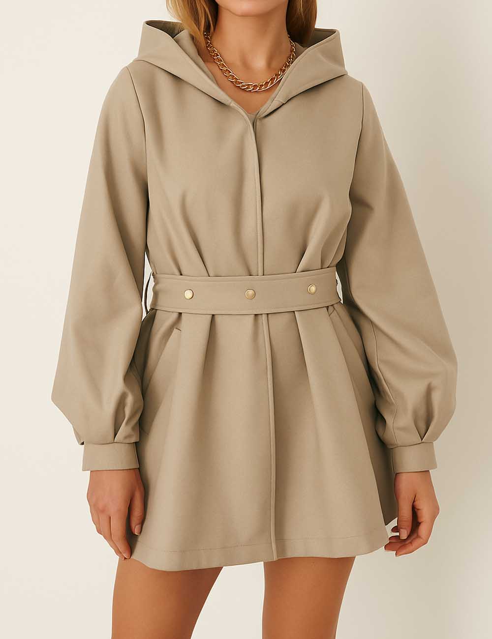 Ladies Hooded Button Closure Belted Balloon Sleeves Coat