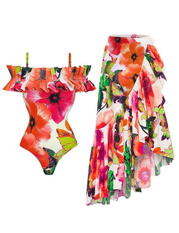 Ladies Off-Shoulder Floral One Piece Swimwear with Salong SKSW40217