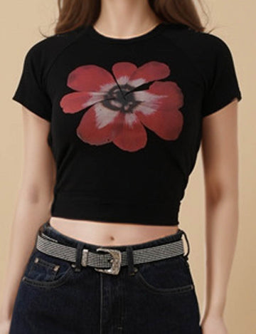 Ladies Flower Print String Tie T-Shirt Crop Top 8SKT5M72