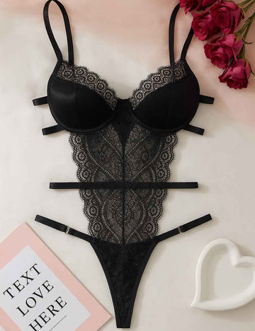 Ladies Sexy Lace Mesh See Through Thong Lingerie Teddy