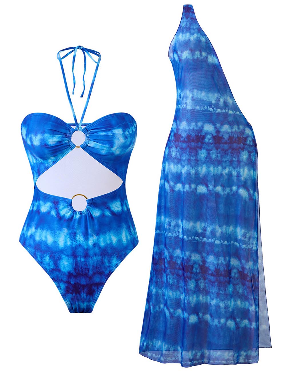 Ladies Halter Tye-Dye One Piece Swimwear with Skirt