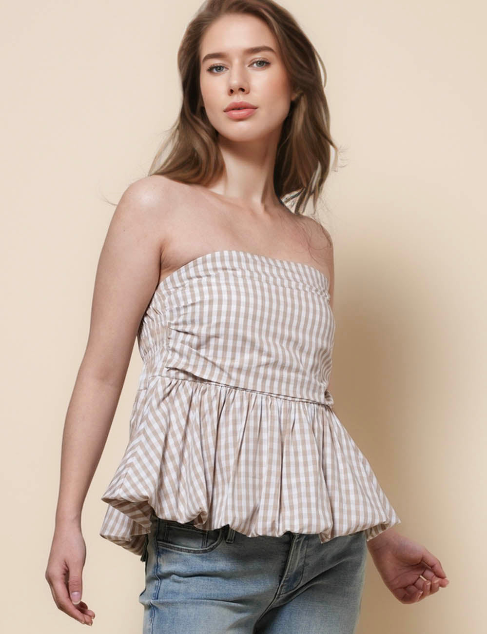 Ladies Strapless Color Block Plaid Tube Top SKT41292