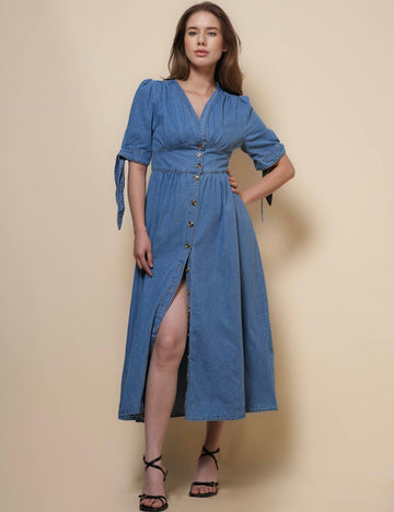 Ladies V-Neck Midi Sleeves String Tie Denim Midi Dresss SKD50036