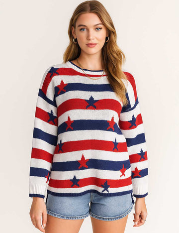 Ladies Color Block Striped Star Irregular Hem Knit Top