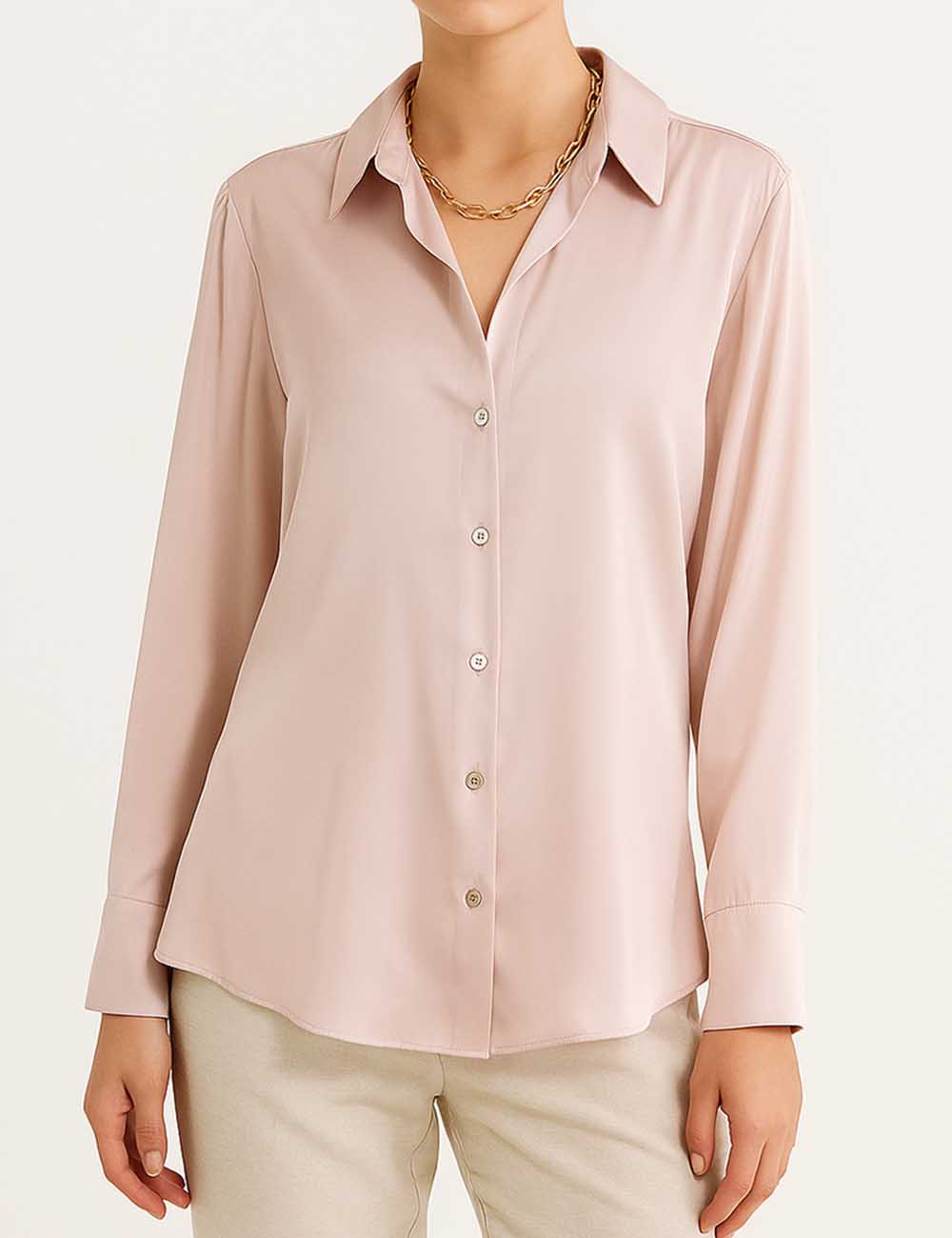 Ladies Stain Solid Color Turndown Collar Long Sleeves Shirt