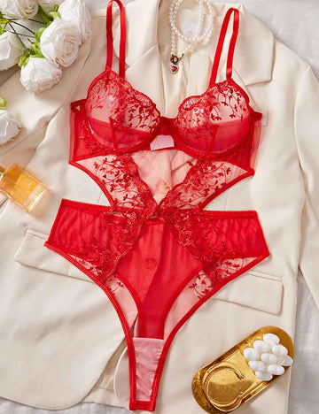 Ladies Sexy Embroidery See Through Lingerie Teddy
