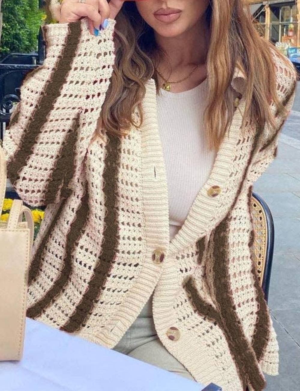 Ladies Hollow Out Stripe Top & Short 2PCS Knit Set SKST039