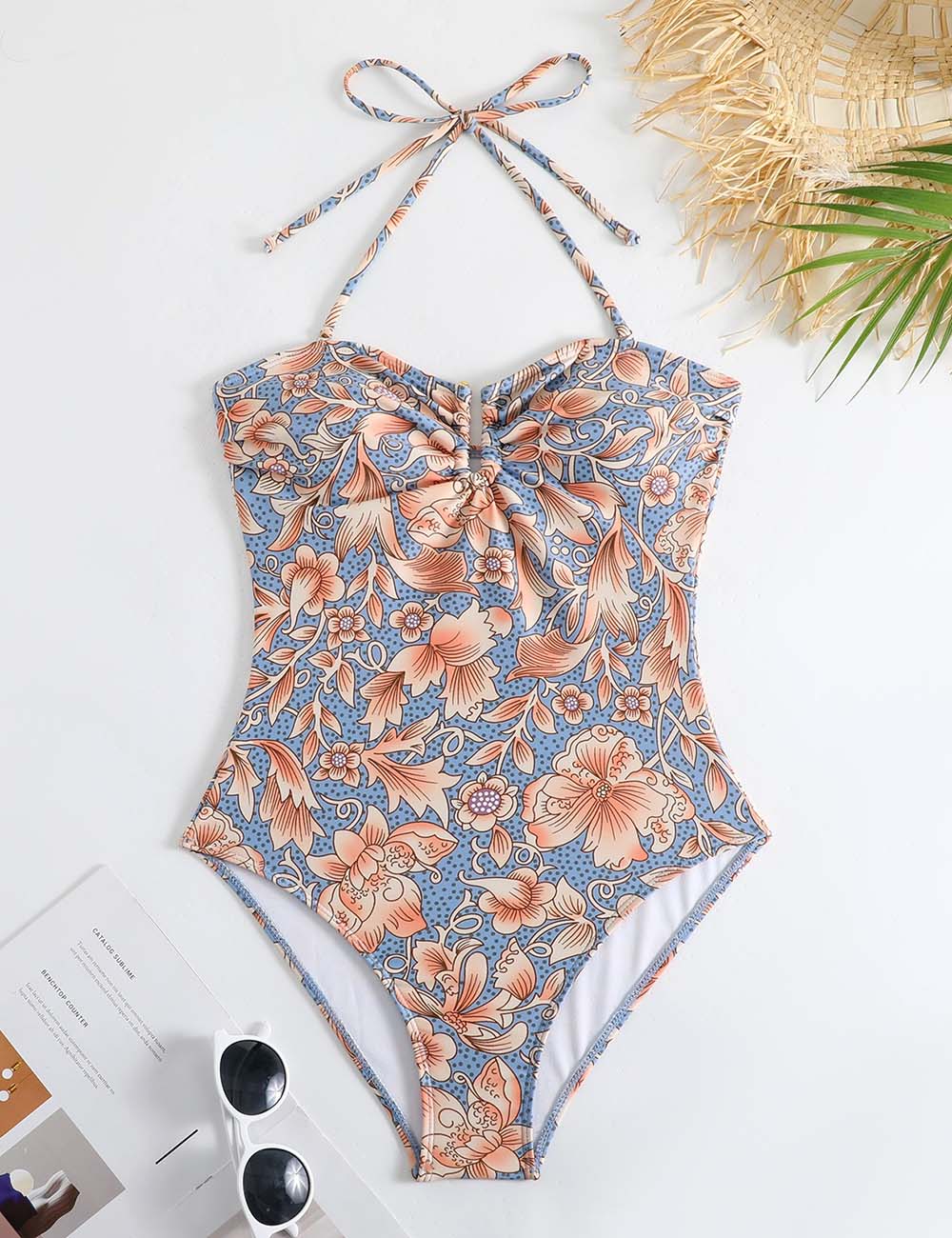 Ladies String Tie Floral Print One Piece Swimwear with Salong