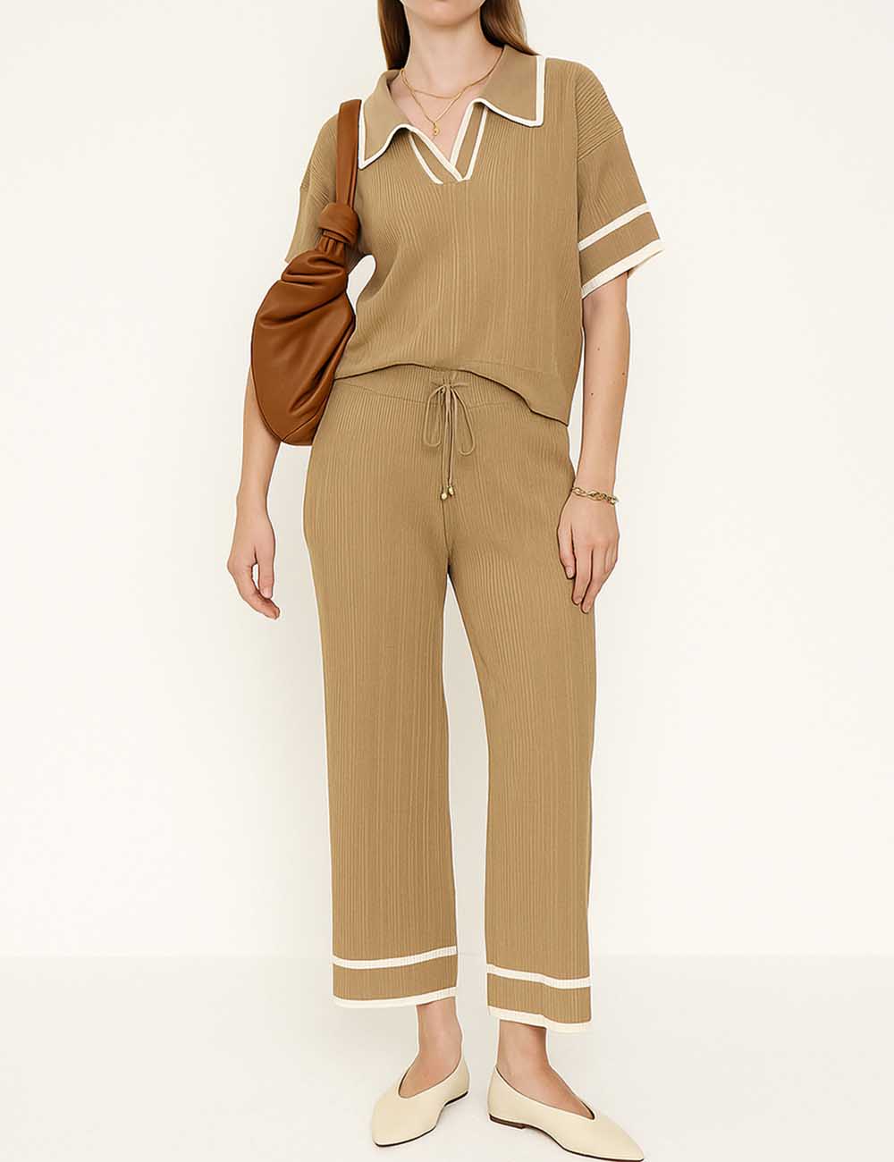 Ladies Color Block Polo Collar Knit Top & Pants 2PCS Set