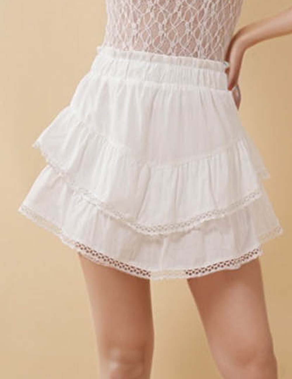Ladies Solid Color Ruffle Eyelet Elastic Waist Mini Skort