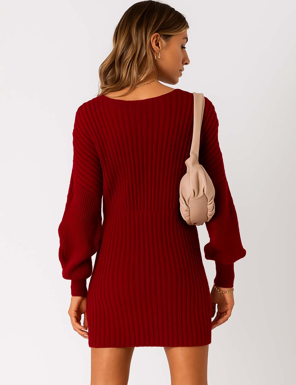 Ladies Solid Color V-Neck Long Sleeves Belt Sweater Dress