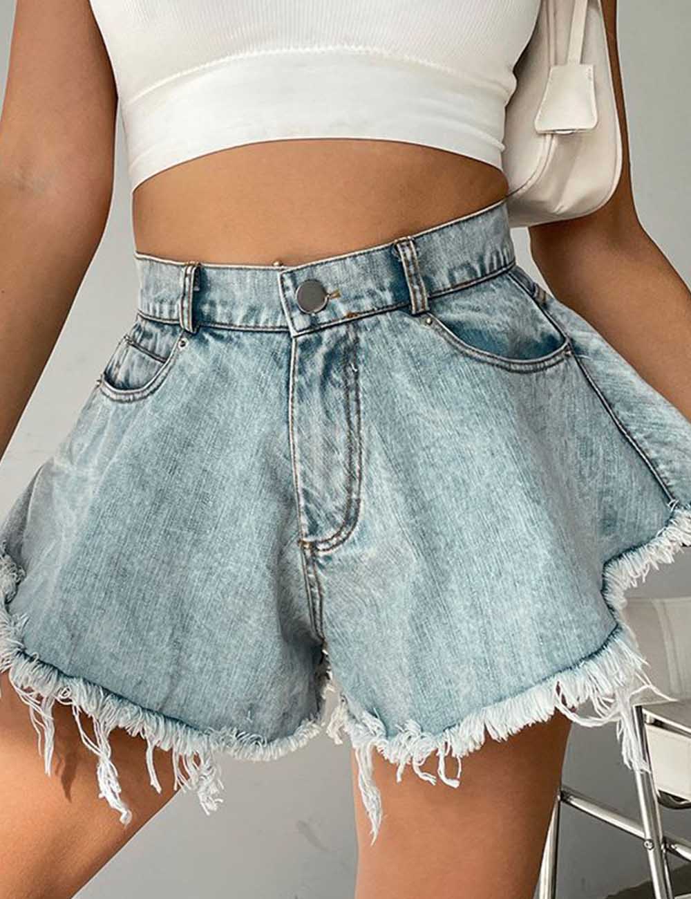 Ladies Distressed Pocket A-Line Denim Shorts