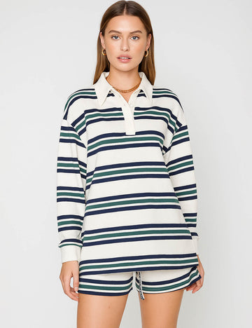 Ladies Polo Collar Striped Long Sleeves Sweatshirt & Shorts Set