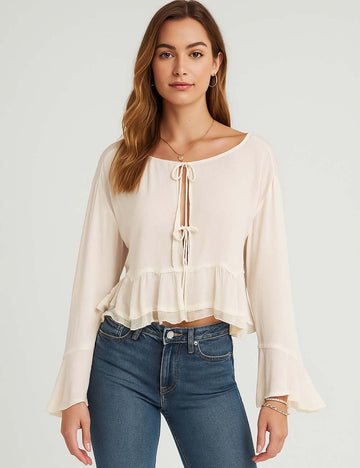 Ladies Round Neck Tie Front Flared Sleeves Blouse