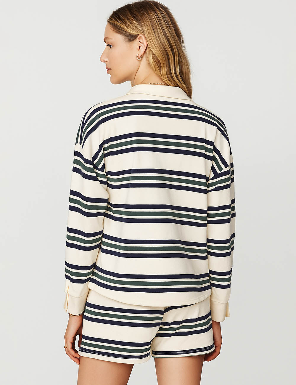 Ladies Polo Collar Striped Long Sleeves Sweatshirt & Shorts Set