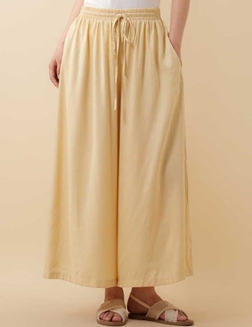 Ladies Solid Color Elastic Waist Pocket Wide Leg Pants