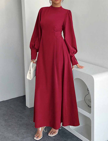 Ladies Solid Color Stand Neck Bubble Long Sleeves A-Line Maxi Dress