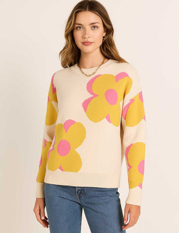 Ladies Multi Color Floral Pattern Round Neck Knit Sweater