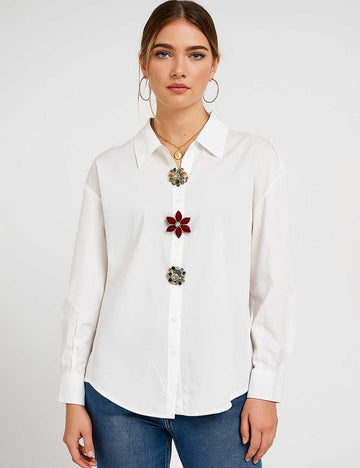 Ladies White Shirt Colorful 3D Flower Beading Button Shirt