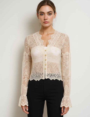 Ladies V-Neck Floral Boho Flare Sleeves Button Blouse