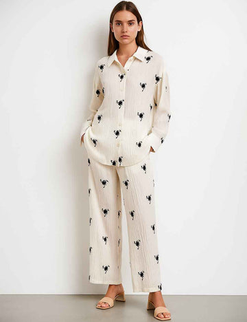 Ladies Embroidery Beading Wide Leg Shirt Top & Pants Set