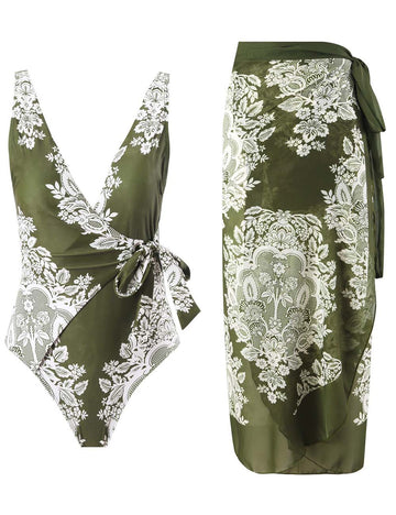 Ladies V-Neck String Tie One Piece Swimwear with Salong