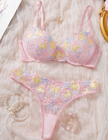 Ladies Sexy Butterfly Floral Embroidery Lingerie Set