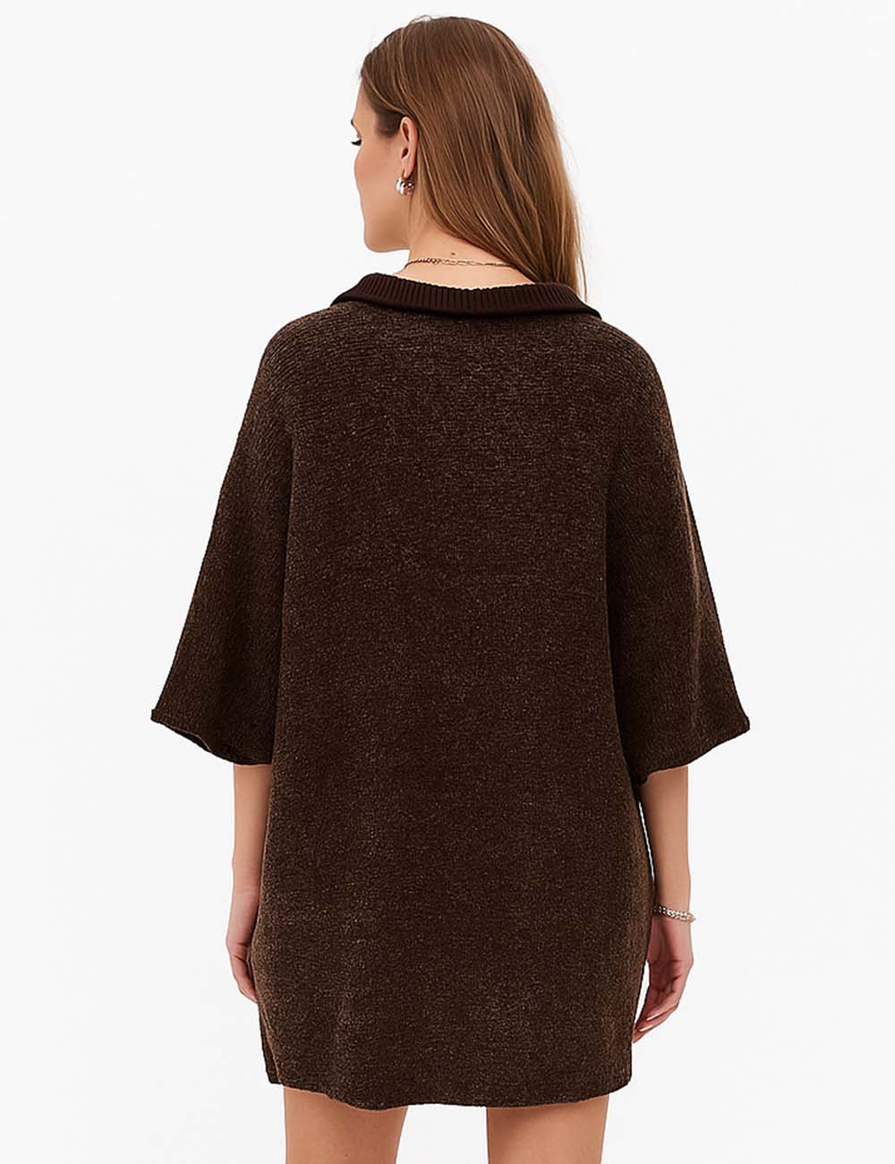 Ladies Solid Color Turndown Collar Knit Top E2391