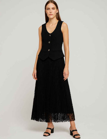 Ladies Square Neck Button Lace Splice Vest Top& Skirt Set