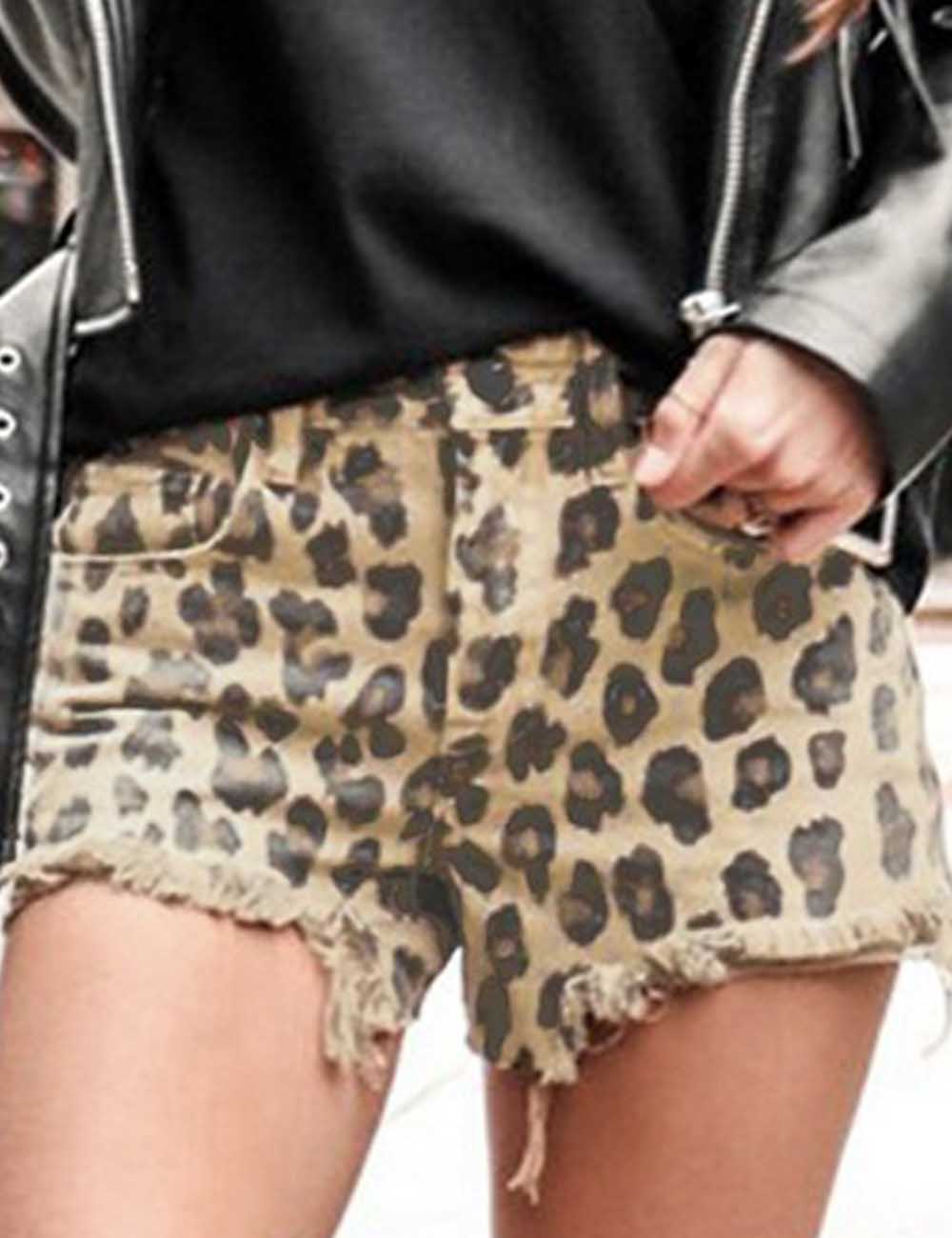 Ladies Color Block Leopard Raw Edge Denim Shorts
