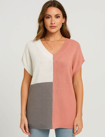 Ladies Multi Color V-Neck Pullover Short Sleeves Knit Top