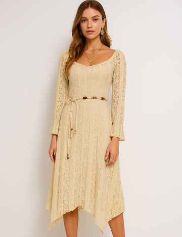 SKD5KJ46 Women V-Neck Solid Color Tie Waist Midi Dress